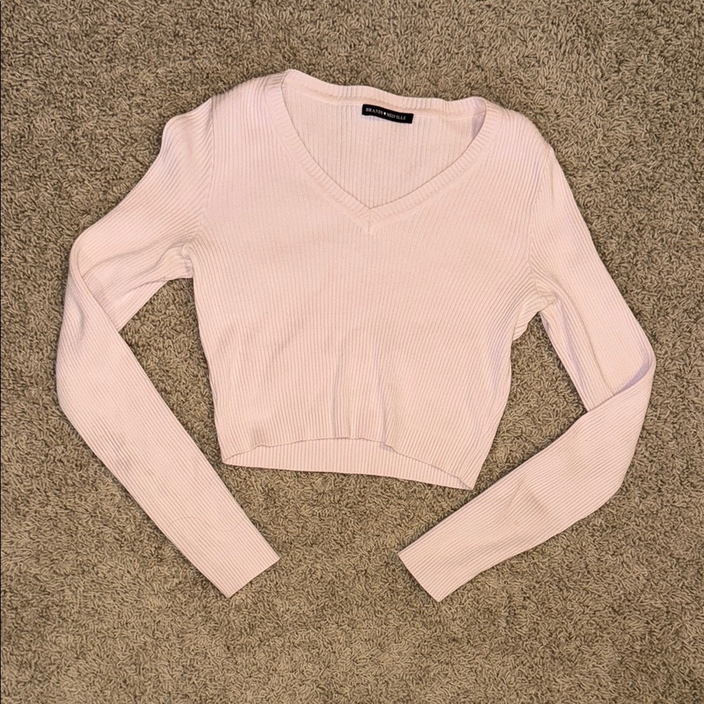 Light Pink Ribbed V-Neck Brandy Melville Tight Sweater Long Sleeve(cropped)
